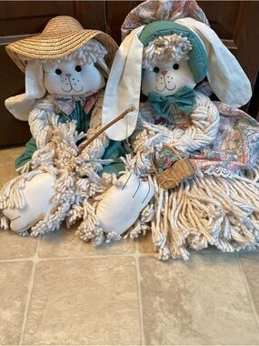 Pair of Rag Mop Dolls; approximately 25” long Boy/ Fishing Pole, girl/basket VTG